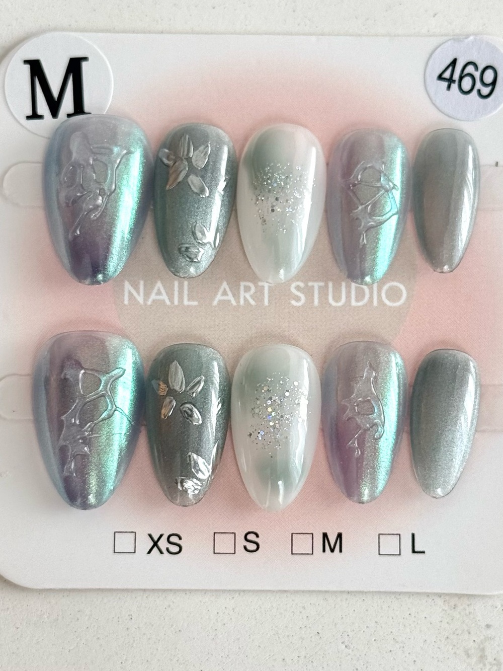 Handmade Metallic Green-Gray Press-On Nail Set Short Almond Size M